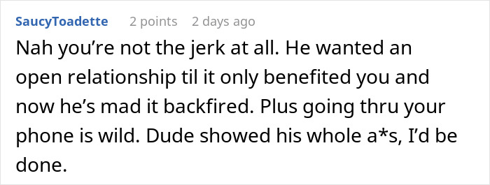 Screenshot of a social media comment discussing a man&rsquo;s plan to open relationship backfiring with younger coworker.