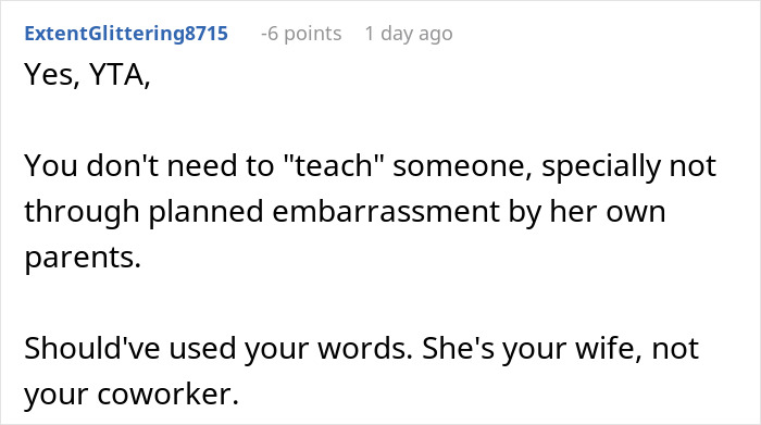 Screenshot of a forum comment criticizing a husband for embarrassing his wife in front of her parents to teach her a lesson.