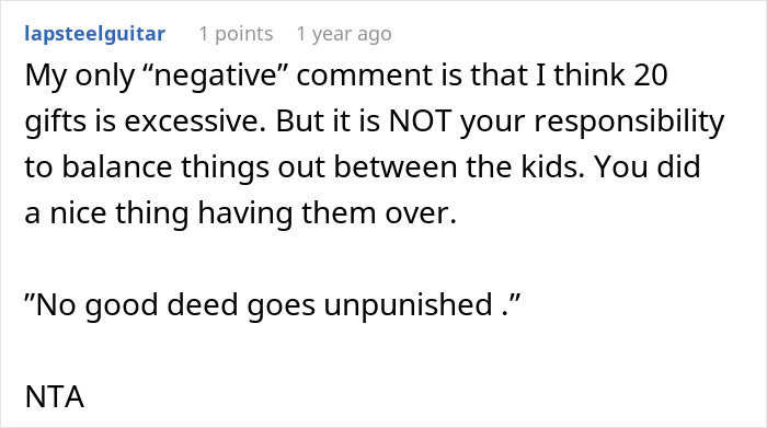 Comment about daughter receiving 27 presents while half-brother gets only 1, discussing dad’s lack of guilt. Comment about daughter receiving 27 presents while half-brother gets only 1, discussing dad’s lack of guilt.