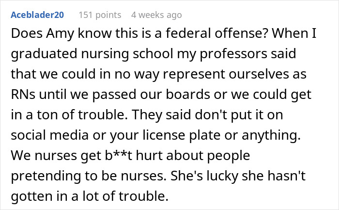 Screenshot of a Reddit comment discussing the consequences of pretending to be a nurse online for years.