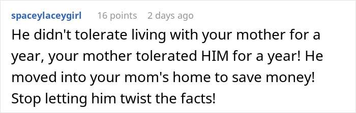Screenshot of a Reddit comment about conflicts over living with husband's mother and relatives causing tension in marriage.