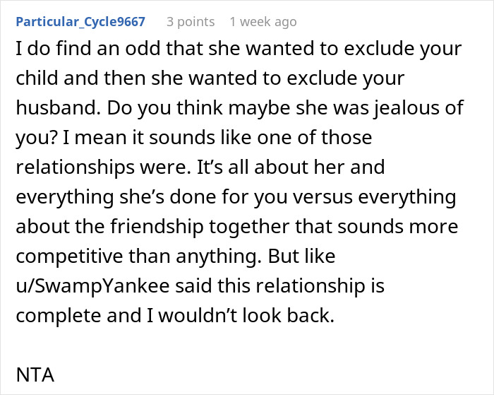 Screenshot of a Reddit comment discussing a woman banning her best friend&rsquo;s baby and husband from her engagement party.