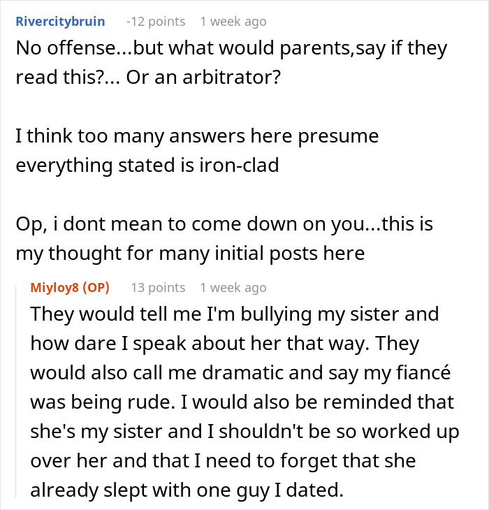 Screenshot of a Reddit conversation about a golden child telling sister&rsquo;s fianc&eacute; he could do better with parents watching.
