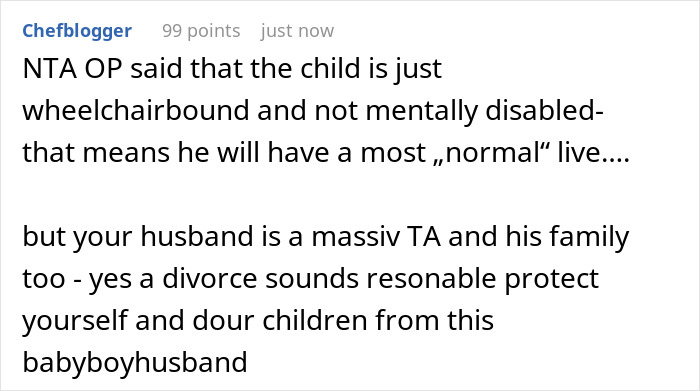 Text commentary criticizing a husband for saying his wife's disabled son is hampering their normal life and wanting him out.