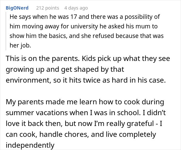 Screenshot of a Reddit comment discussing a man wanting to move from mom&rsquo;s house to girlfriend&rsquo;s without learning chores.