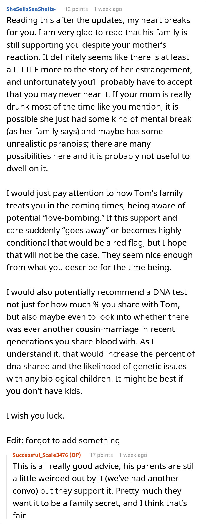 Screenshot of an online forum discussing a woman discovering she&rsquo;s engaged to her first cousin during a family Christmas.