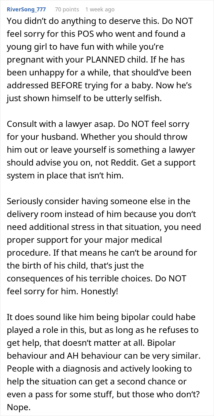 Reddit advice urging a pregnant wife to prioritize co-parenting and legal support after bipolar husband leaves for young lover. Reddit advice urging a pregnant wife to prioritize co-parenting and legal support after bipolar husband leaves for young lover.