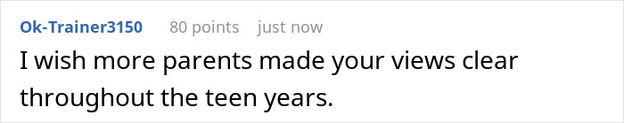 Comment text from user Ok-Trainer3150 expressing a wish for parents to communicate views clearly during teen years, relating to son impregnate girlfriend figure living situation.