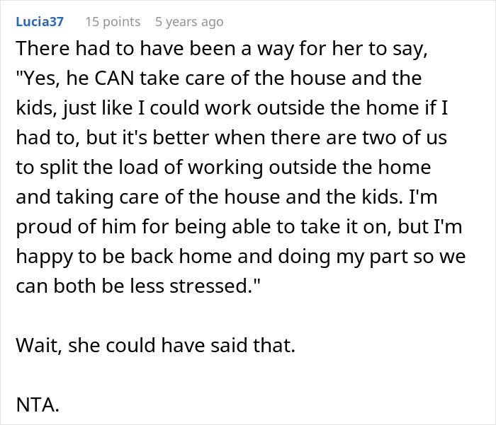 Reddit comment screenshot praising husband caring for house and kids, guy embarrasses wife, NTA.