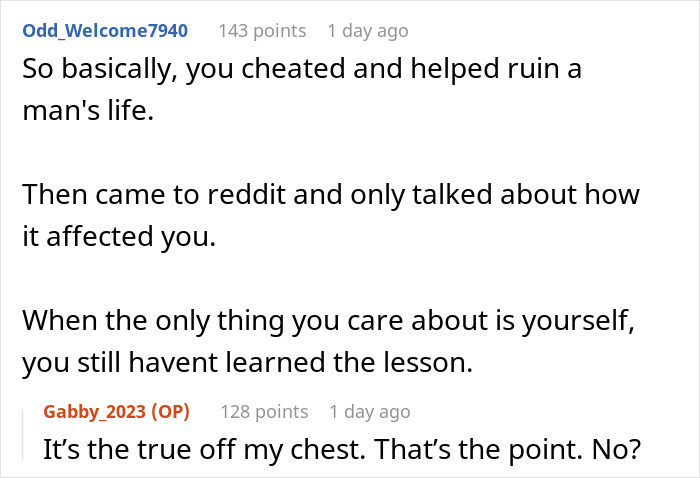 Reddit conversation about a woman admitting defeat by karma after her affair partner leaves following cheating on her husband. Reddit conversation about a woman admitting defeat by karma after her affair partner leaves following cheating on her husband.