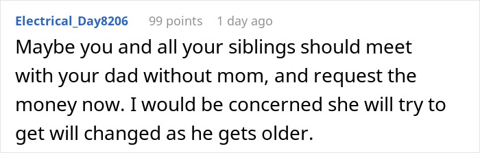 Reddit comment advising siblings to meet dad without greedy mom to request inheritance now