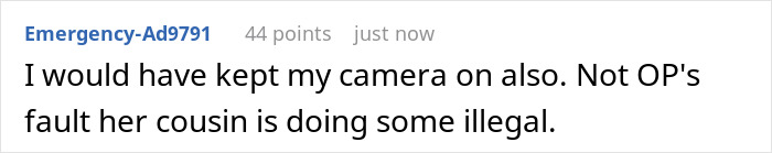 Comment text about keeping camera on and cousin involved in illegal activity, related to aunt camera family parole discussion. Comment text about keeping camera on and cousin involved in illegal activity, related to aunt camera family parole discussion.