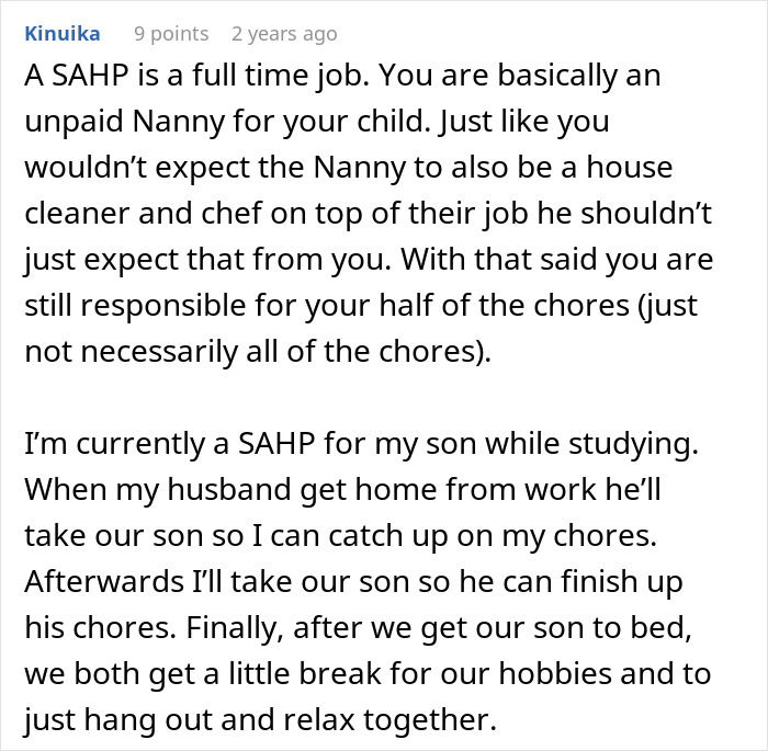 Comment discussing the challenges and responsibilities of being a stay-at-home parent not doing enough sahm.