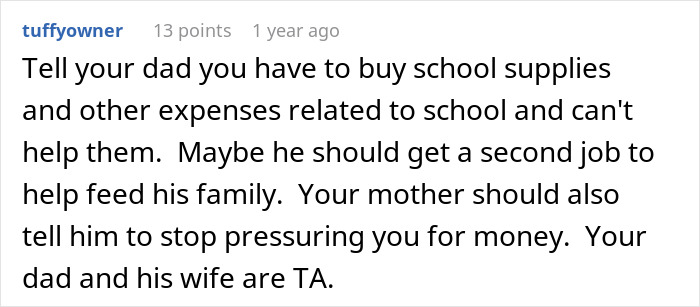 Screenshot of a Reddit comment discussing a teen&rsquo;s stepsister support amid stepmom calling her selfish for spending money.