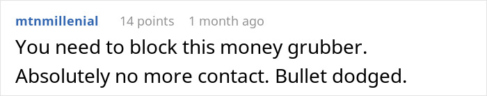 Screenshot of a Reddit comment advising to block a money grubber after two costly dates with a lady sending lovey-dovey texts.