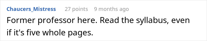 Screenshot of an online forum comment from a former professor advising to read the syllabus amid student pushback over phone rule enforcement.