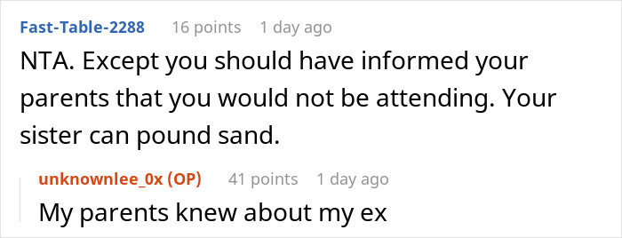 Screenshot of a Reddit conversation discussing a woman criticized for skipping her sister&rsquo;s birthday party due to her ex being invited.
