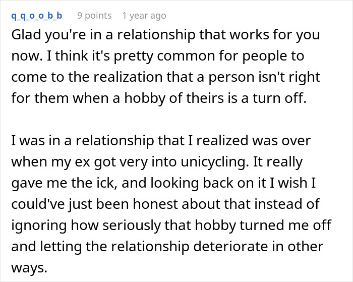 Screenshot of a Reddit comment where a guy reflects on his ex-girlfriend's interests causing relationship issues.
