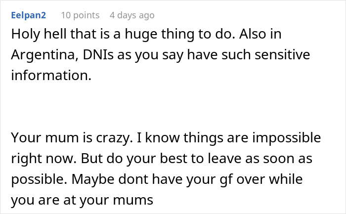 Comment discussing concern about a mother secretly going through girlfriend’s wallet and taking photos of her ID.