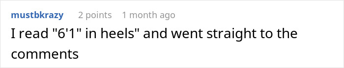Screenshot of a forum comment reacting to a phrase about height in heels, related to workplace bully theatrics story.