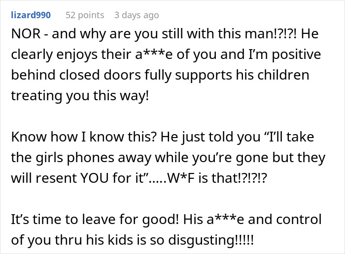 Text from an online comment criticizing a man for supporting his children treating a woman poorly, urging her to leave him.