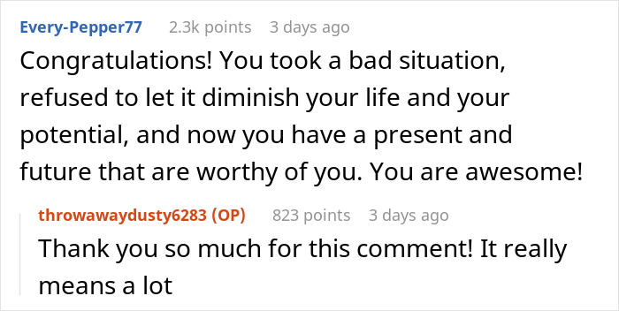 Screenshot showing a supportive online comment praising a 20-year-old burned out from managing chores with school.