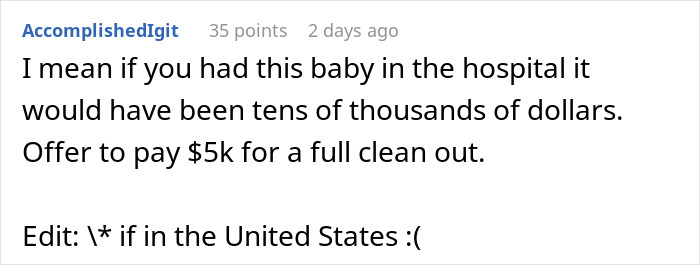 Comment discussing the high cost of hospital births versus paying $5k for a full cleanout in the United States.