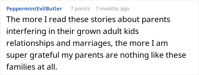 Screenshot of a Reddit comment discussing parents interfering in adult kids relationships, highlighting manipulative control.