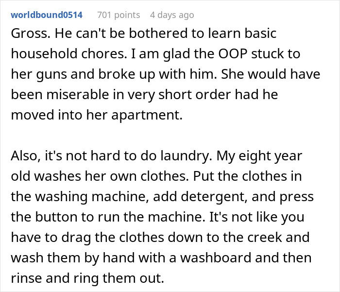 Comment criticizing a man who refuses to learn basic chores before moving in with his girlfriend, highlighting the importance of household skills.