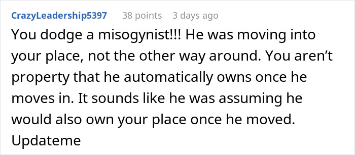 Screenshot of Reddit comment warning about a partner's red flags, black text on white background with username