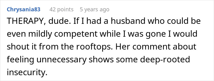 Reddit comment screenshot about therapy and insecurity, username Chrysania83, related to guy embarrasses wife