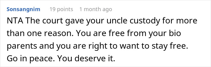 Screenshot of a social media comment explaining a teen refuses to live with bio parents who abandoned him and the court custody decision. Screenshot of a social media comment explaining a teen refuses to live with bio parents who abandoned him and the court custody decision.