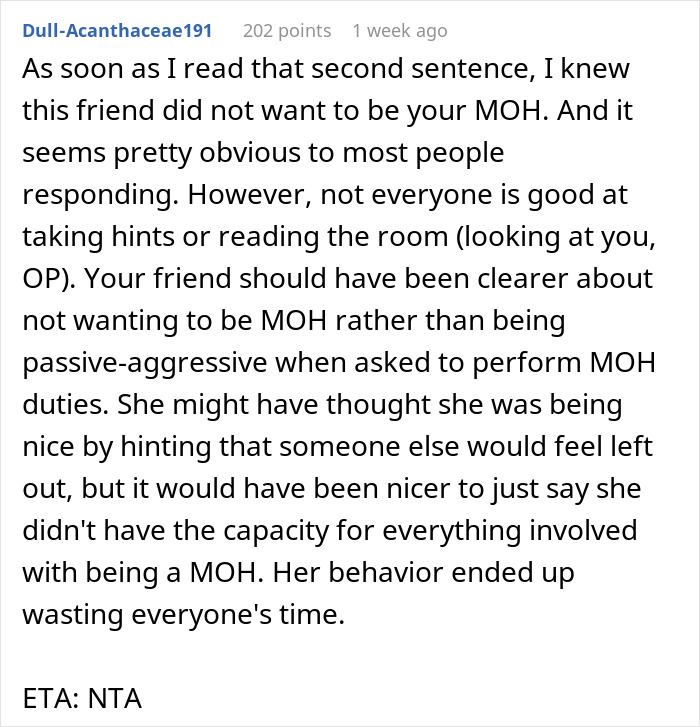 Commenter explaining MOH&rsquo;s passive-aggressive behavior and lack of effort causing tension before wedding.