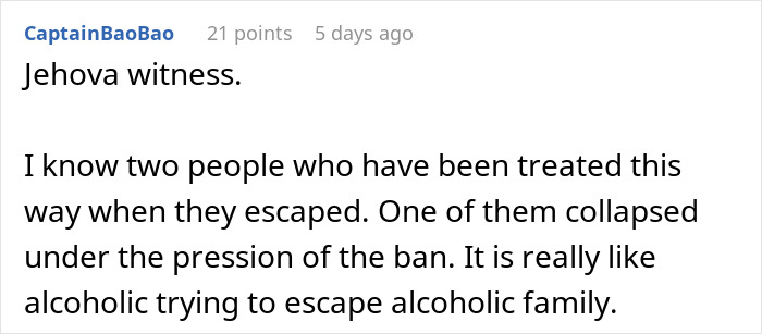 Comment about Jehovah witness experience, discussing escape struggles and emotional pressure, related to simple Venmo search uncovering fabricated past.