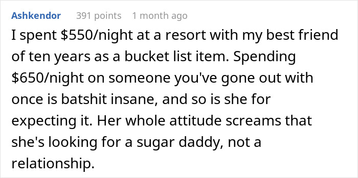 Screenshot of a social media comment about a lady sending lovey-dovey texts and expecting thousands spent on dates.