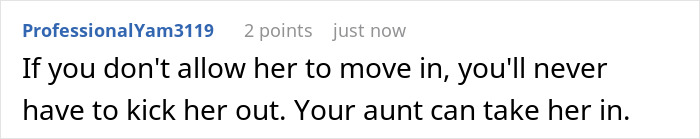 Comment about adult son refusing religious mom moving in, highlighting guilt trips and biblical sermons conflict.