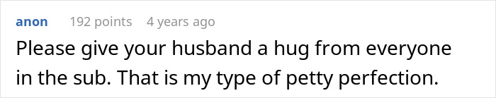 Commenter asking to give husband a hug, highlighting the husband's surprise involving parents coming during honeymoon.