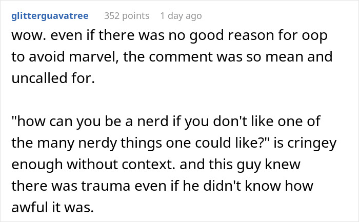 Screenshot of an online comment about a guy mocking a teen for not liking superhero stuff, unaware it's grief-related.