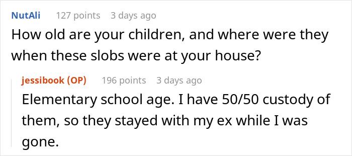 Commenter asking about children’s ages during friend’s stay, with OP explaining custody and children’s location. - 19