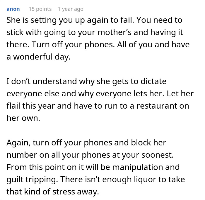 Comment advising to refuse MIL's manipulation and skip Thanksgiving after reinvite due to other guests flaking.