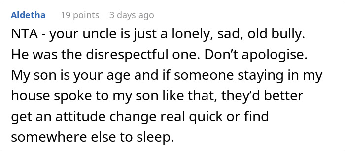 Text comment from online forum about a bald and divorced man shaming his nephew for long hair and cooking for his girlfriend.