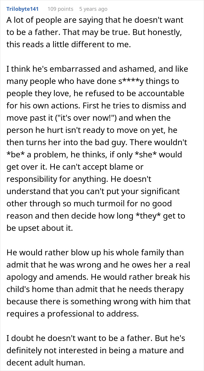 Screenshot of a Reddit comment analyzing a guy demanding a paternity test and refusing therapy to resolve family issues.