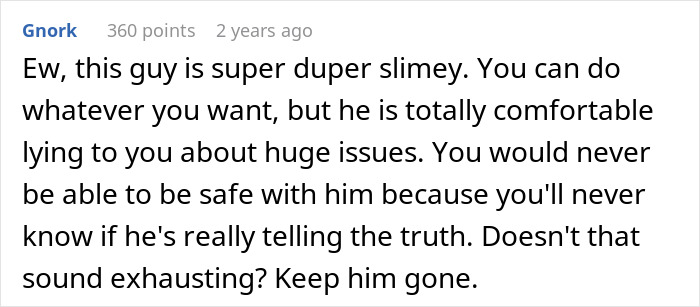 Comment criticizing a lying boyfriend who went on a trip with a female friend, warning about trust and safety concerns.