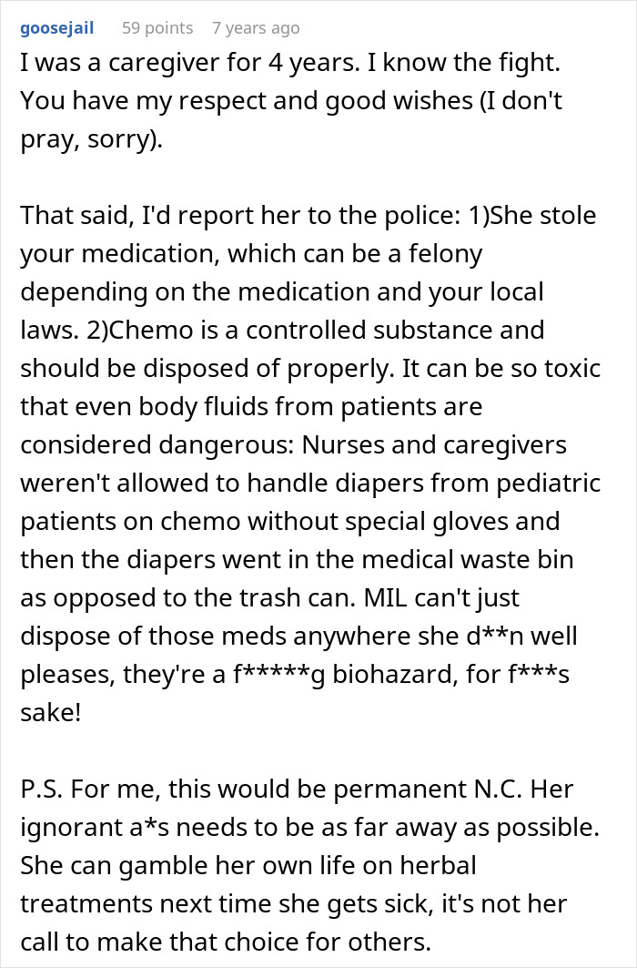 Alt text: Caregiver advice on handling cancer medication safely and concerns about MIL's improper chemo disposal behavior