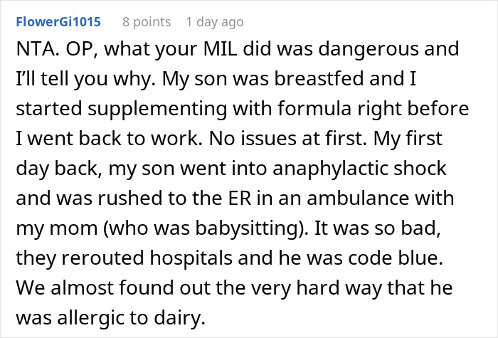 Reddit comment screenshot about a baby's dairy allergy; mom takes her baby and storms off from MIL's house