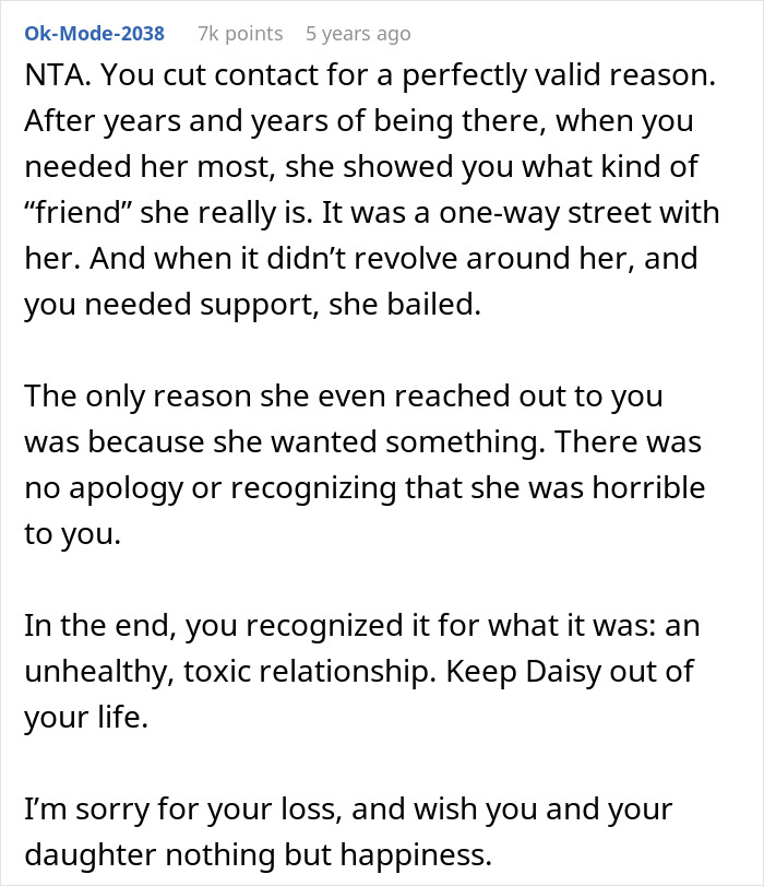 Screenshot of a supportive comment explaining SIL turning her back when a grieving woman needs her most.