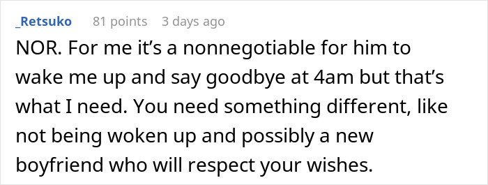 Screenshot of a Reddit comment about a man&rsquo;s lovey-dovey ritual annoying his tired girlfriend with morning kisses and love.