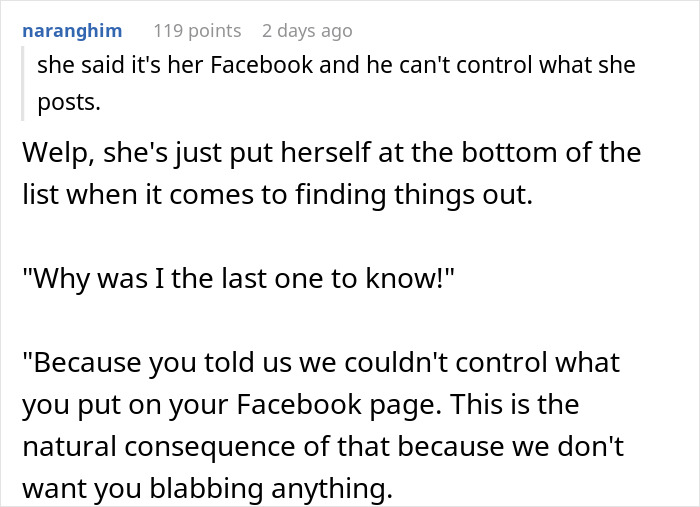 Text conversation about controlling Facebook posts and consequences, highlighting issues with control and communication boundaries.