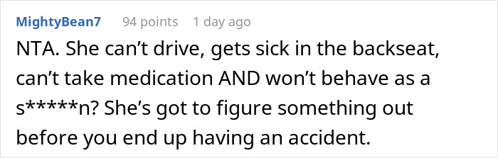 Screenshot of a Reddit comment discussing a husband banning his wife from the front seat after her anxiety meltdown risks their safety.