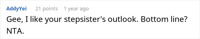 Comment highlighting a teen&rsquo;s stepsister supporting her against accusations of being selfish and cruel for spending money on herself.